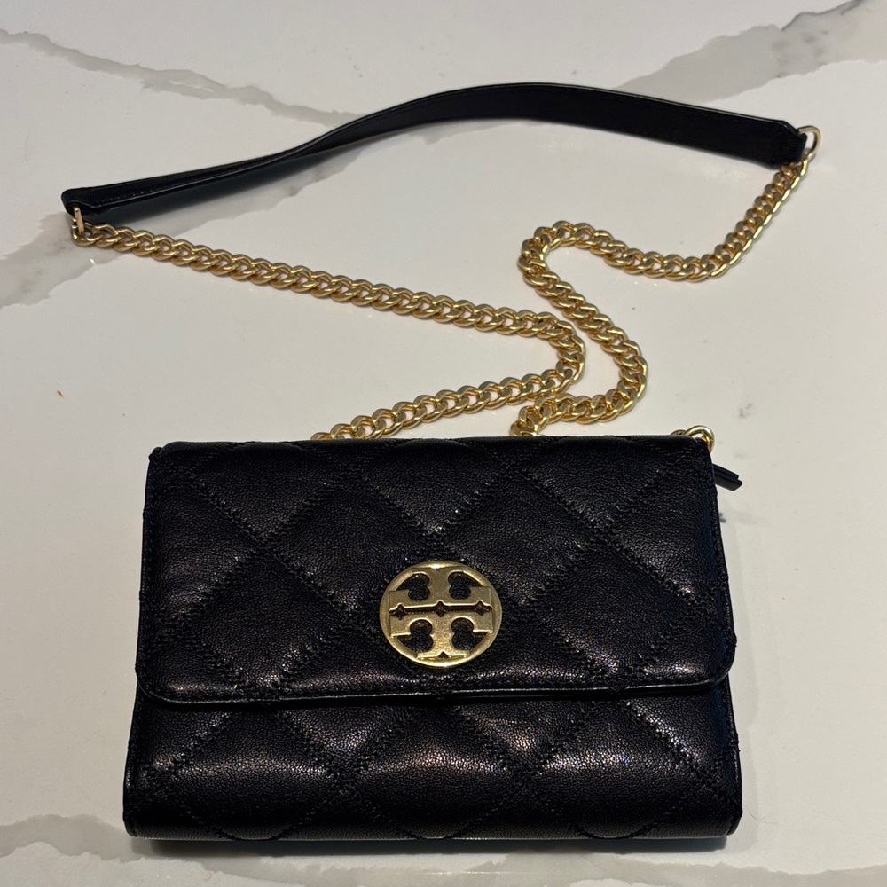 Tory Burch Black Quilted Leather Crossbody with Gold Chain